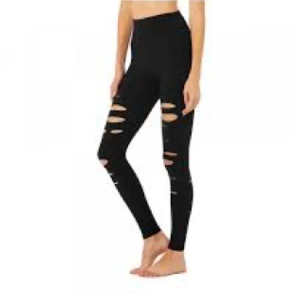 ALO Yoga Black High-Waist Ripped Leggings - Picture 3 of 8